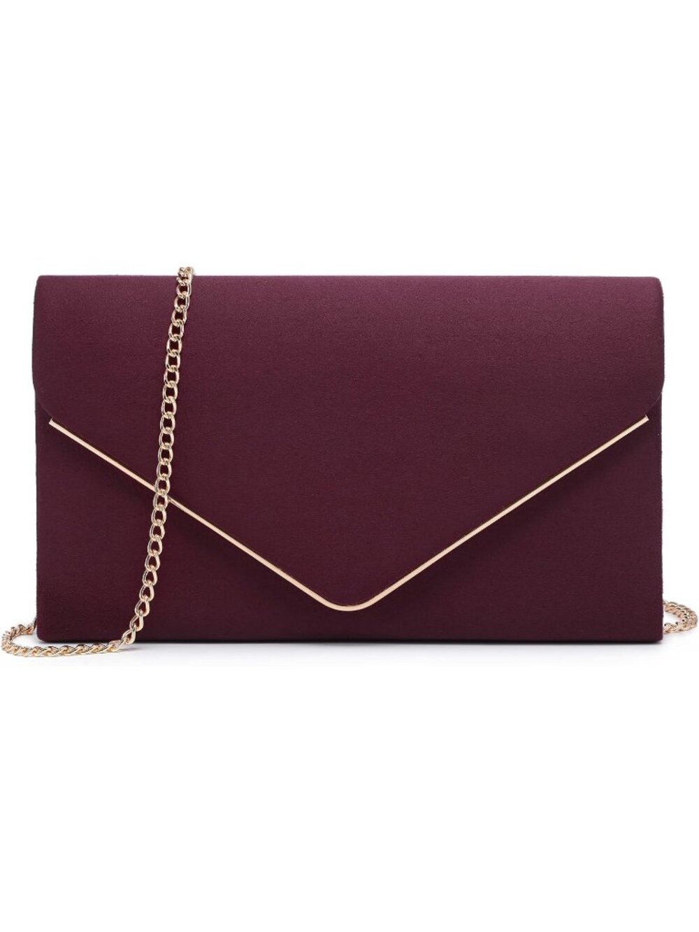 Women's Wine Prom Gold Chain Faux Suede Clutch Purse Evening Bridal Wedding